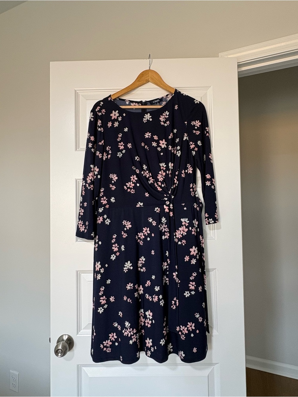Chaps Navy Midi Dress with Pink Floral Print Teacher Core Office Chic Date Night
